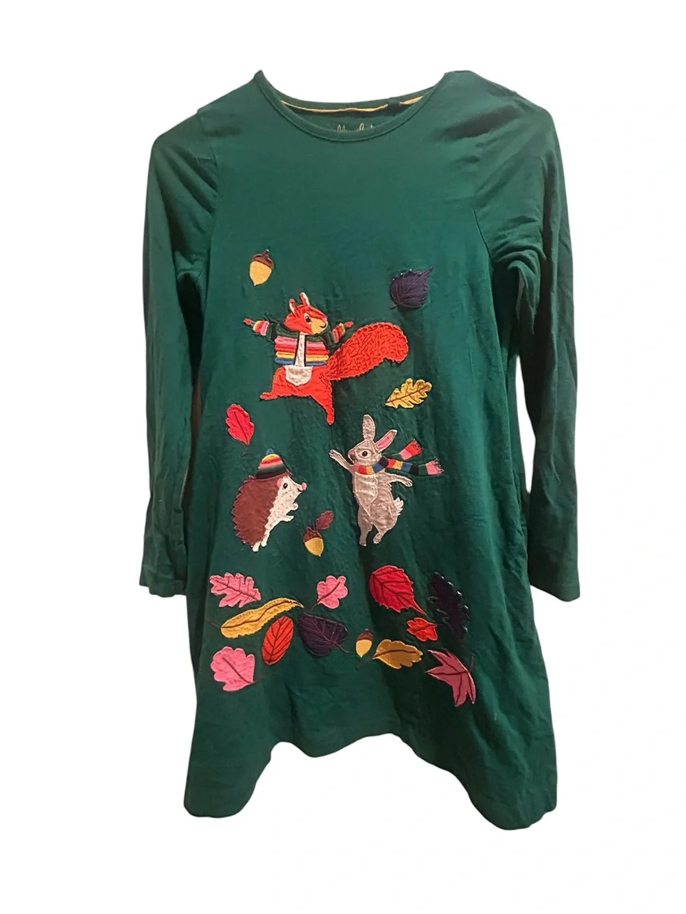 Mini Boden Green Woodland Friends Appliqué Kids Dress 11-12 YRS